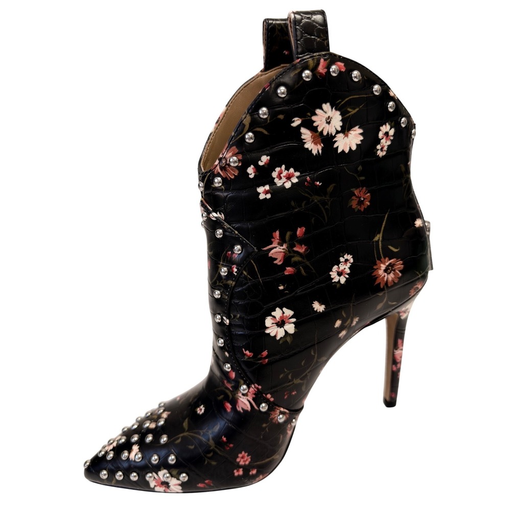 Jessica Simpson Black Floral Croc Studded Pointed Toe Stiletto Ankle Boots 7.5M - Picture 8 of 11